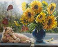 Без бренда «Подсолнухи в синей вазе возле кота» в Симферополе в интернет-магазине  Без бренда «Подсолнухи в синей вазе возле кота» в Симферополе