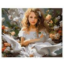 Девочка и белые голуби в цветах