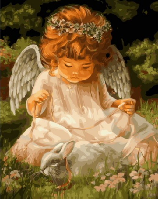Картина по номерам 40x50 Милый ангелок играет с кроликом