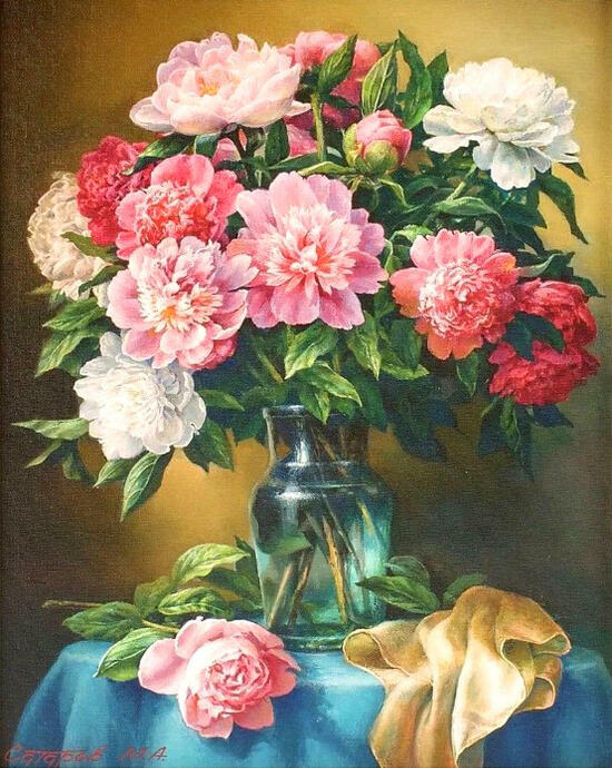 Картина по номерам 40x50 Античная ваза с букетом пионов