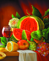 Сочный арбуз, фрукты и вино