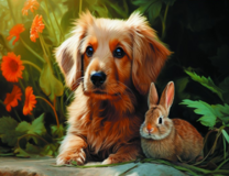 Щеночек и кролик в цветах